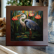 Load image into Gallery viewer, Peeping Tom's Cottage - Great Blue Heron Porcelain Tile – Stained Glass-Style Water Bird Art: 6 x 6 inch