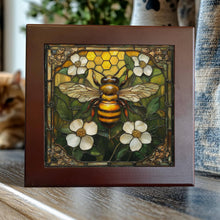Load image into Gallery viewer, Peeping Tom's Cottage - Golden Bee and White Blossoms Porcelain Tile – Stained Glass-Inspired Art: 6 x 6 inch
