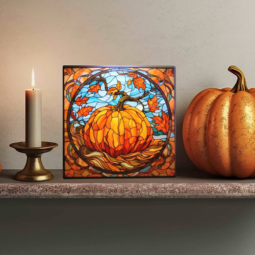 Peeping Tom's Cottage - Autumn Splendor Stained Glass Pumpkin Tile: Handcrafted Decorative Art for Home and Fall Celebrations: 6 x 6 inch