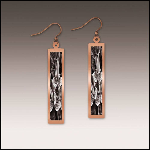 Illustrated Light & DC Designs - Black and White Floral Rectangle Copper Handmade Earrings
