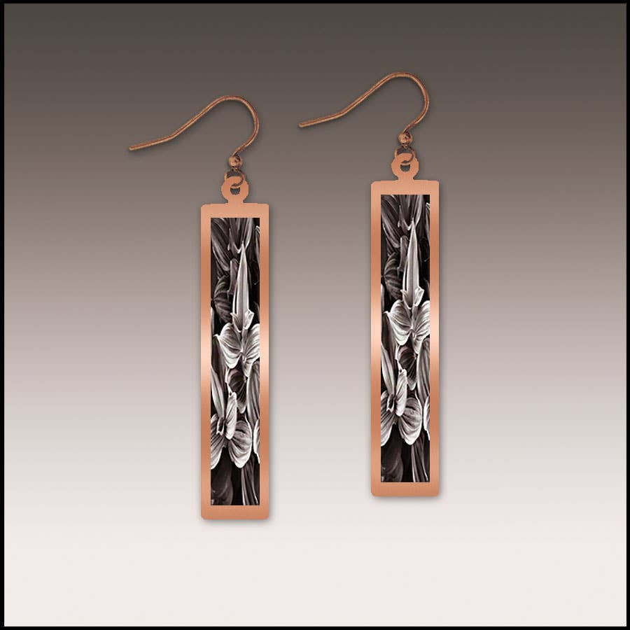 Illustrated Light & DC Designs - Black and White Floral Rectangle Copper Handmade Earrings
