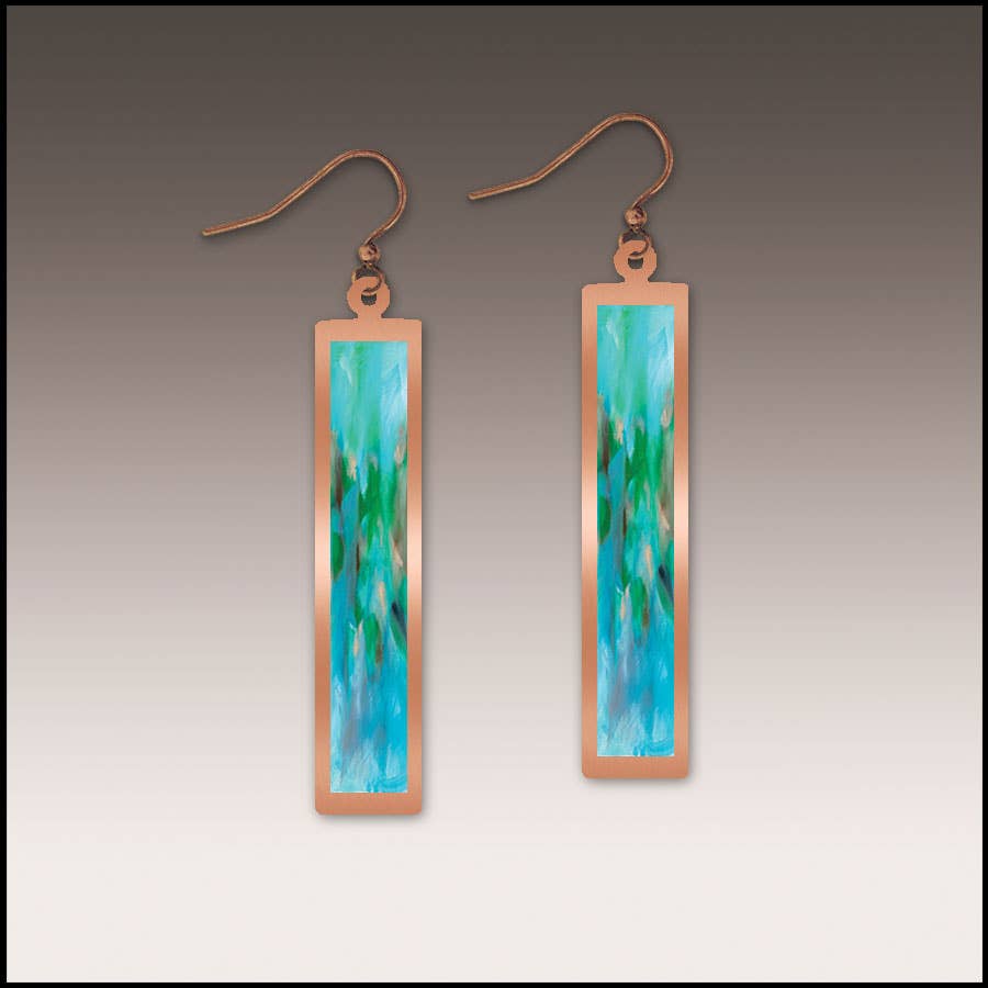 Illustrated Light & DC Designs - Aqua Abstract Copper Showcase Rectangle Handmade Earrings