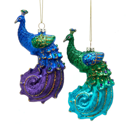 Glass Large Peacock Ornaments, 2 Assorted
