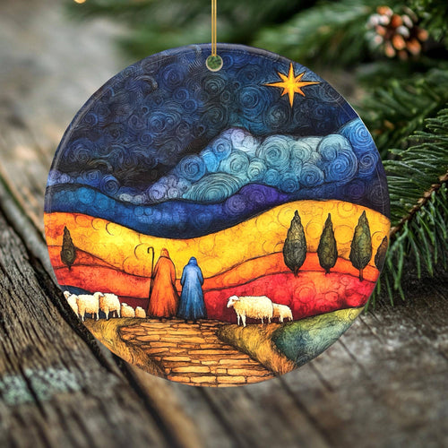 Peeping Tom's Cottage - Shepherds’ Journey Porcelain Christmas Ornament - Nativity Scene with Star of Bethlehem - 2 Sided Holiday Keepsake