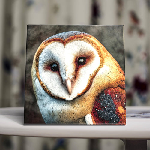 Peeping Tom's Cottage - Barn Owl Portrait – Woodland Bird Decor Handcrafted Porcelain Tile Art: 6 x 6 inch