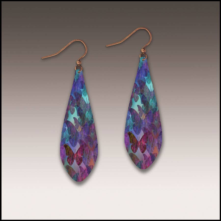 Illustrated Light & DC Designs - Purple Butterfly Pattern Long Drop Handmade Earrings