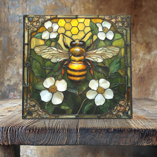 Peeping Tom's Cottage - Golden Bee and White Blossoms Porcelain Tile – Stained Glass-Inspired Art: 6 x 6 inch