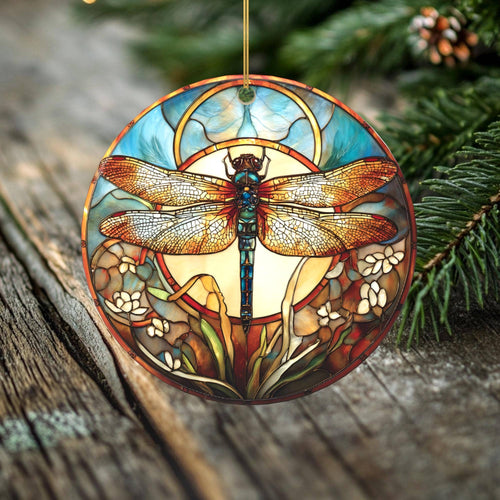 Peeping Tom's Cottage - Sunlit Garden Dragonfly Ornament – Double Sided Porcelain Keepsake – Stained Glass Look Memorial Gift