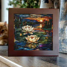 Load image into Gallery viewer, Peeping Tom's Cottage - Sunset Pond with Water Lilies Porcelain Tile – Stained Glass Landscape Art: 6 x 6 inch