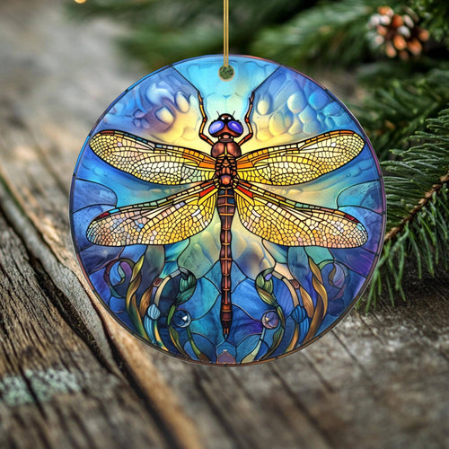 Peeping Tom's Cottage - Ocean Light Dragonfly Ornament – Double Sided Porcelain Keepsake – Stained Glass Look Remembrance Gift