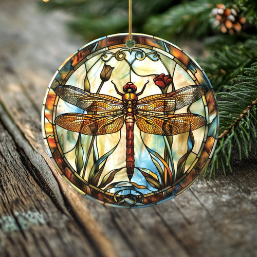 Peeping Tom's Cottage - Woodland Light Dragonfly Ornament – Double Sided Porcelain Keepsake – Stained Glass Look Rustic Holiday Gift