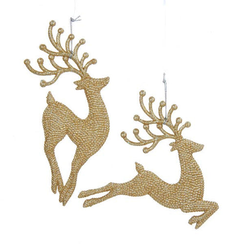 Two gold glitter reindeer ornaments on a white background