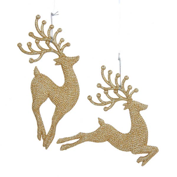 Two gold glitter reindeer ornaments on a white background