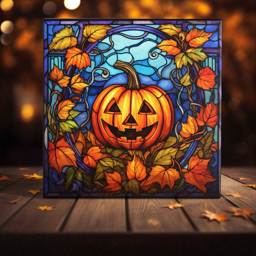Peeping Tom's Cottage - Halloween Harvest Stained Glass Style Tile: Artisan-Crafted Pumpkin Art: 6 x 6 inch