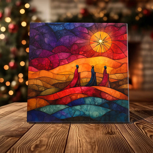 Peeping Tom's Cottage - Three Wise Men Journey Porcelain Tile - Vibrant Nativity Scene Decor: 6 x 6 inch