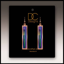 Load image into Gallery viewer, Illustrated Light &amp; DC Designs - Purple Rainbow Abstract Copper Showcase Rectangle Earrings