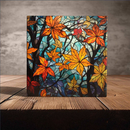 Peeping Tom's Cottage - Capturing Nature's Palette: Exquisite Fall Leaf Stained Glass Tiles for Home Enhancement: 6 x 6 inch