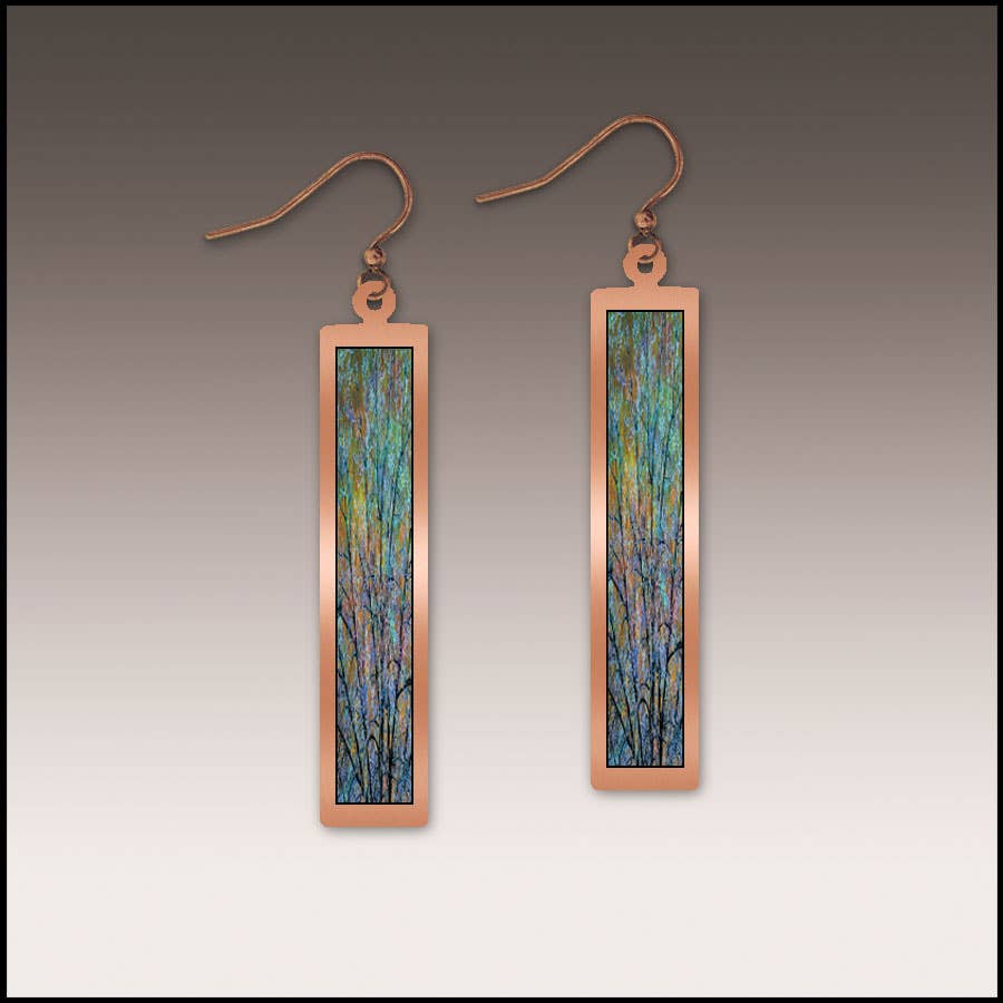 Illustrated Light & DC Designs - Blue Branches Artistic Copper Showcase Rectangle Earrings