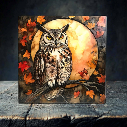 Peeping Tom's Cottage - Autumn Moon Owl Porcelain Tile Art - Striking Wildlife Decor for Nature Lovers: 6 x 6 inch