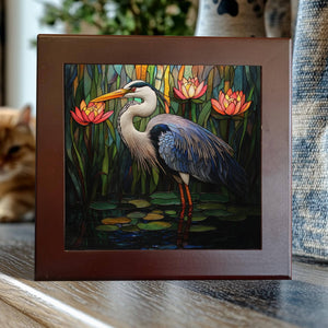 Peeping Tom's Cottage - Great Blue Heron Porcelain Tile – Stained Glass-Style Water Bird Art: 6 x 6 inch