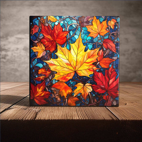 Peeping Tom's Cottage - Autumn Harmony: Stunning Stained Glass Tile Mosaic Featuring Yellow and Red Maple Leaves for Home Decor: 6 x 6 inch