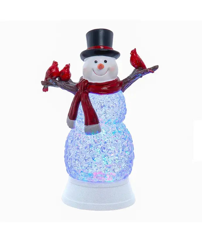 Decorative snowman figurine with red scarf and top hat holding three red birds on a white background