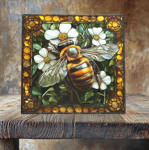 Peeping Tom's Cottage - Honeybee and Wildflowers Porcelain Tile – Stained Glass-Style Nature Art: 6 x 6 inch
