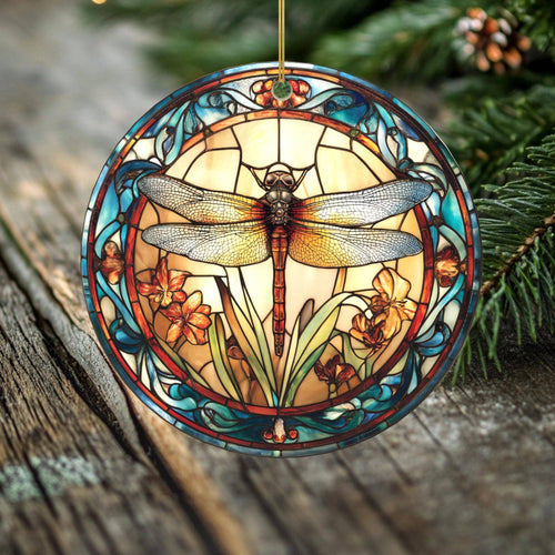Peeping Tom's Cottage - Amber Grace Dragonfly Ornament – Double Sided Porcelain Keepsake – Stained Glass Look Holiday Memorial Gift