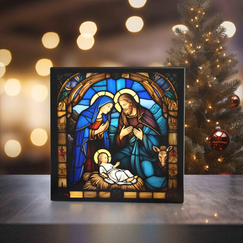 Peeping Tom's Cottage - Divine Nativity Scene - Stained Glass Style Art Tile for Spiritual Home Decor: 6 x 6 inch