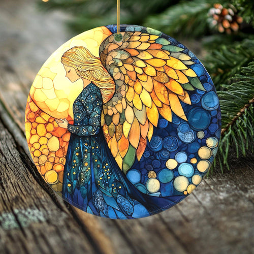 Peeping Tom's Cottage - Angel Announcing the Birth of Jesus Porcelain Christmas Ornament - Handcrafted Nativity Collection - 2 Sided Holiday Keepsake