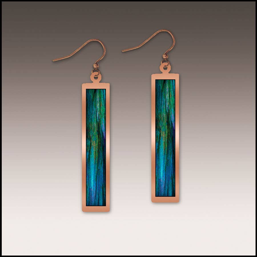 Illustrated Light & DC Designs - Blue Nature Abstract Copper Showcase Rectangle Handmade Earrings