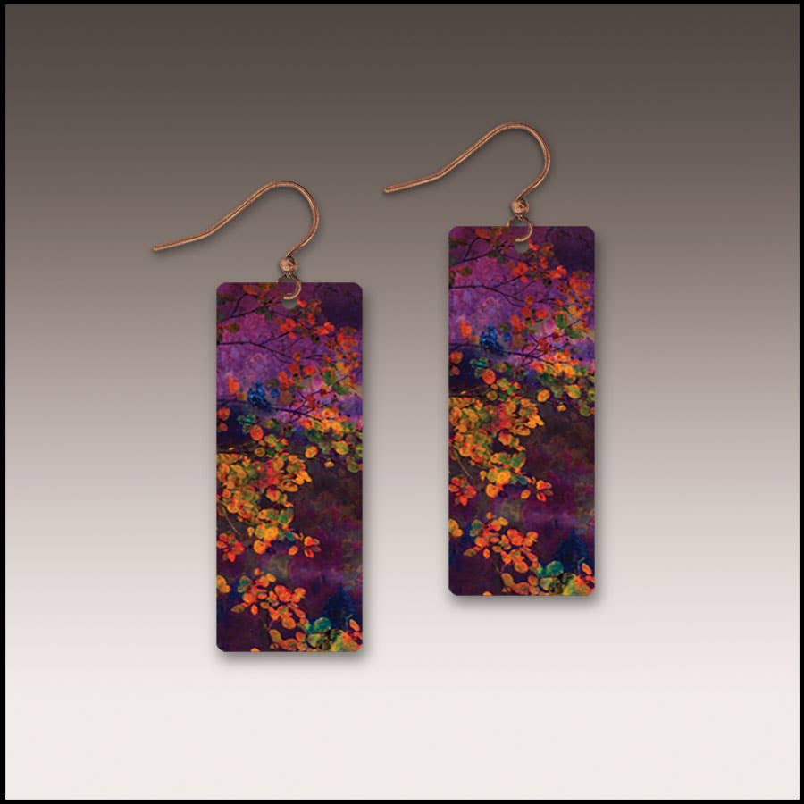 Illustrated Light & DC Designs - Purple Foliage Nature Rectangle Handmade Earrings