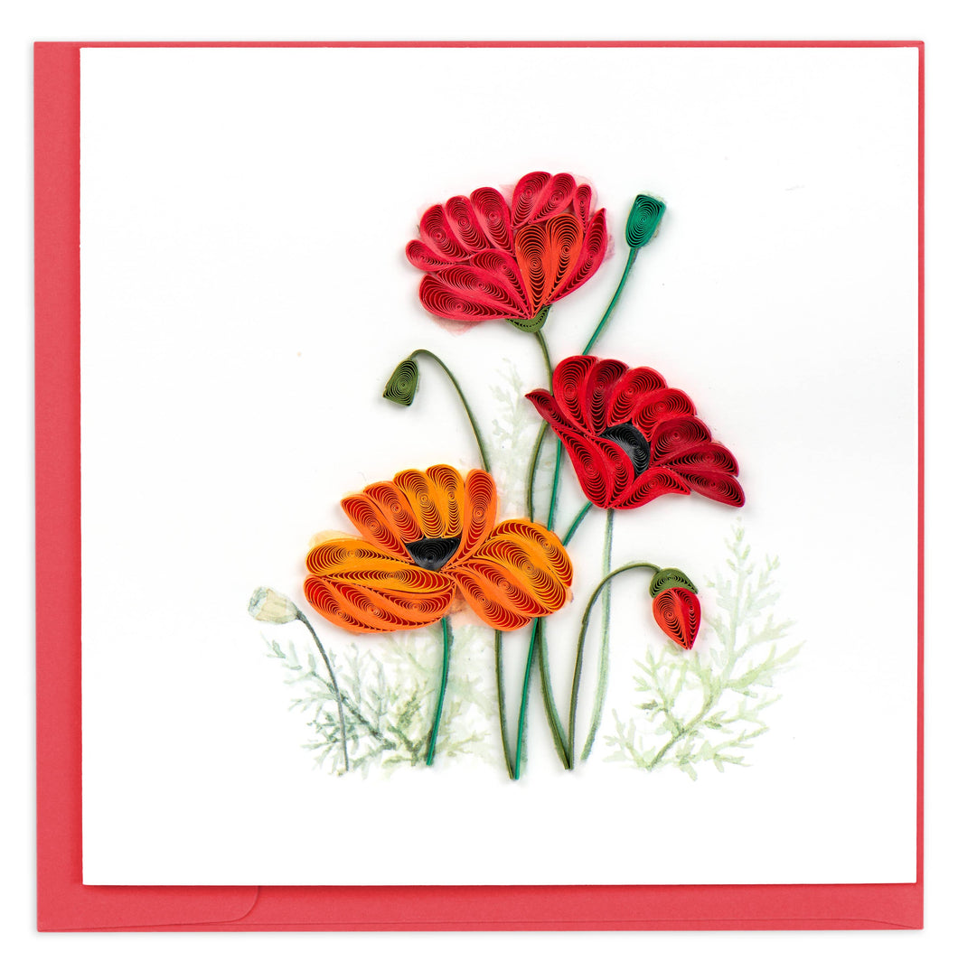 Quilling Card - Quilled Red & Orange Poppies Greeting Card