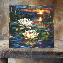 Load image into Gallery viewer, Peeping Tom's Cottage - Sunset Pond with Water Lilies Porcelain Tile – Stained Glass Landscape Art: 6 x 6 inch