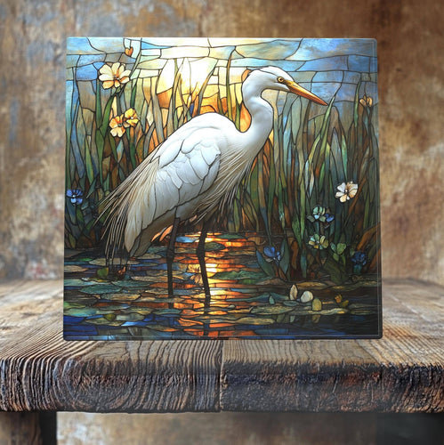 Peeping Tom's Cottage - Great Egret at Sunrise Porcelain Tile – Stained Glass-Style Wetland Art: 6 x 6 inch