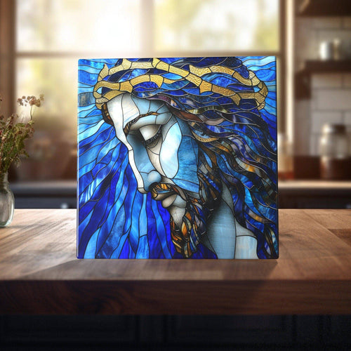 Peeping Tom's Cottage - Jesus -Divine Sorrow Stained Glass-Like Ceramic Tile - Eloquent Expression of Faith: 6 x 6 inch