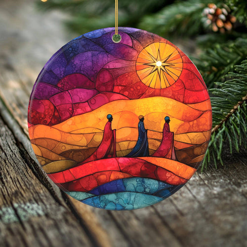 Peeping Tom's Cottage - Three Wise Men Porcelain Christmas Ornament - Nativity Star and Gift Givers - 2 Sided Holiday Keepsake