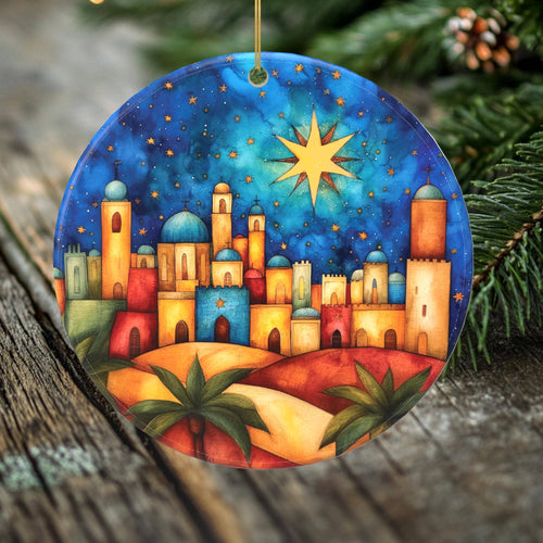 Peeping Tom's Cottage - Bethlehem Porcelain Christmas Ornament - Star of Bethlehem Nativity Scene - 2 Sided Holiday Keepsake