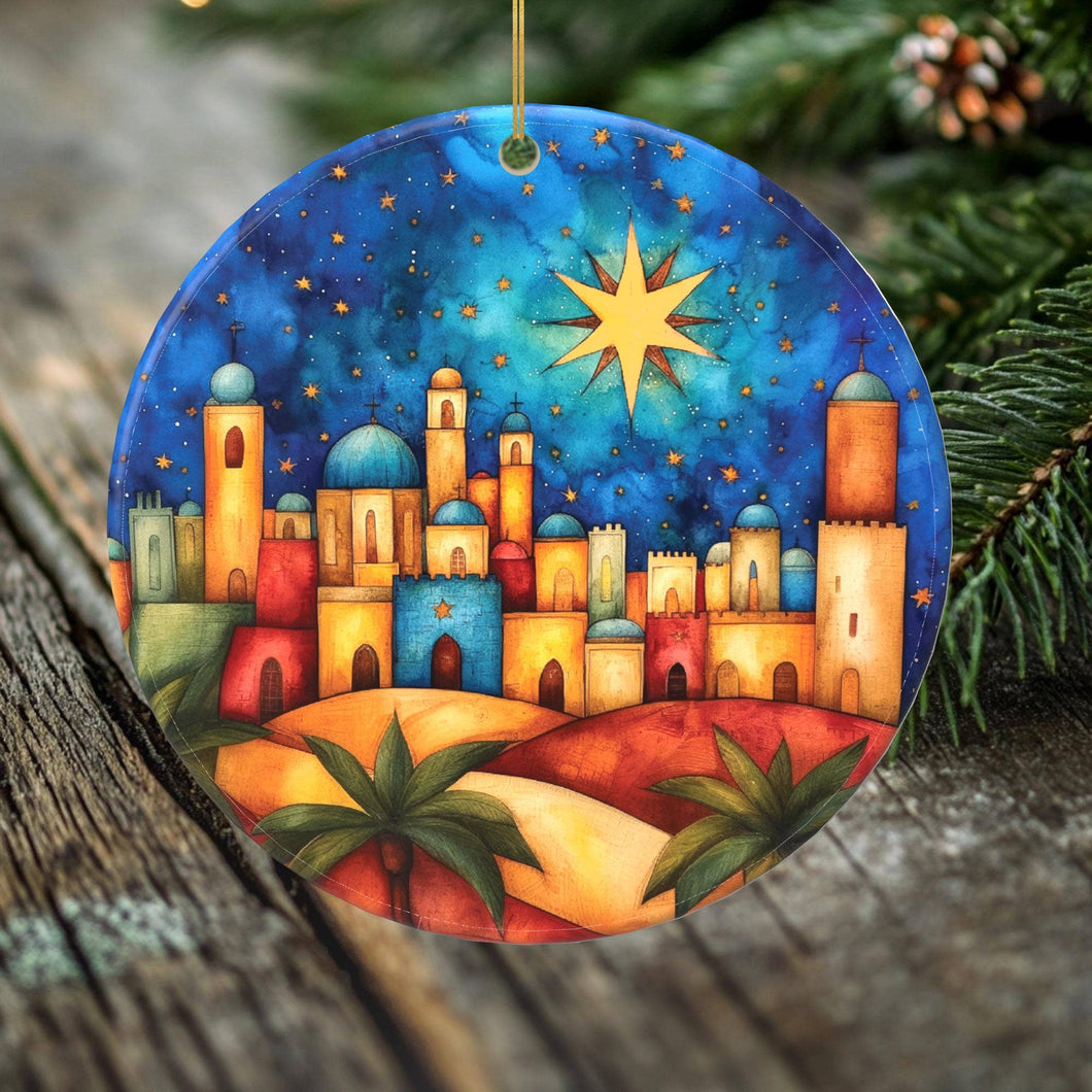 Peeping Tom's Cottage - Bethlehem Porcelain Christmas Ornament - Star of Bethlehem Nativity Scene - 2 Sided Holiday Keepsake