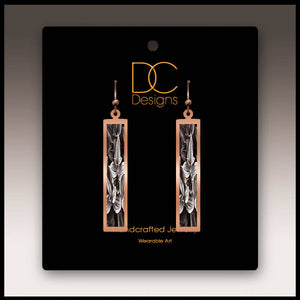 Illustrated Light & DC Designs - Black and White Floral Rectangle Copper Handmade Earrings