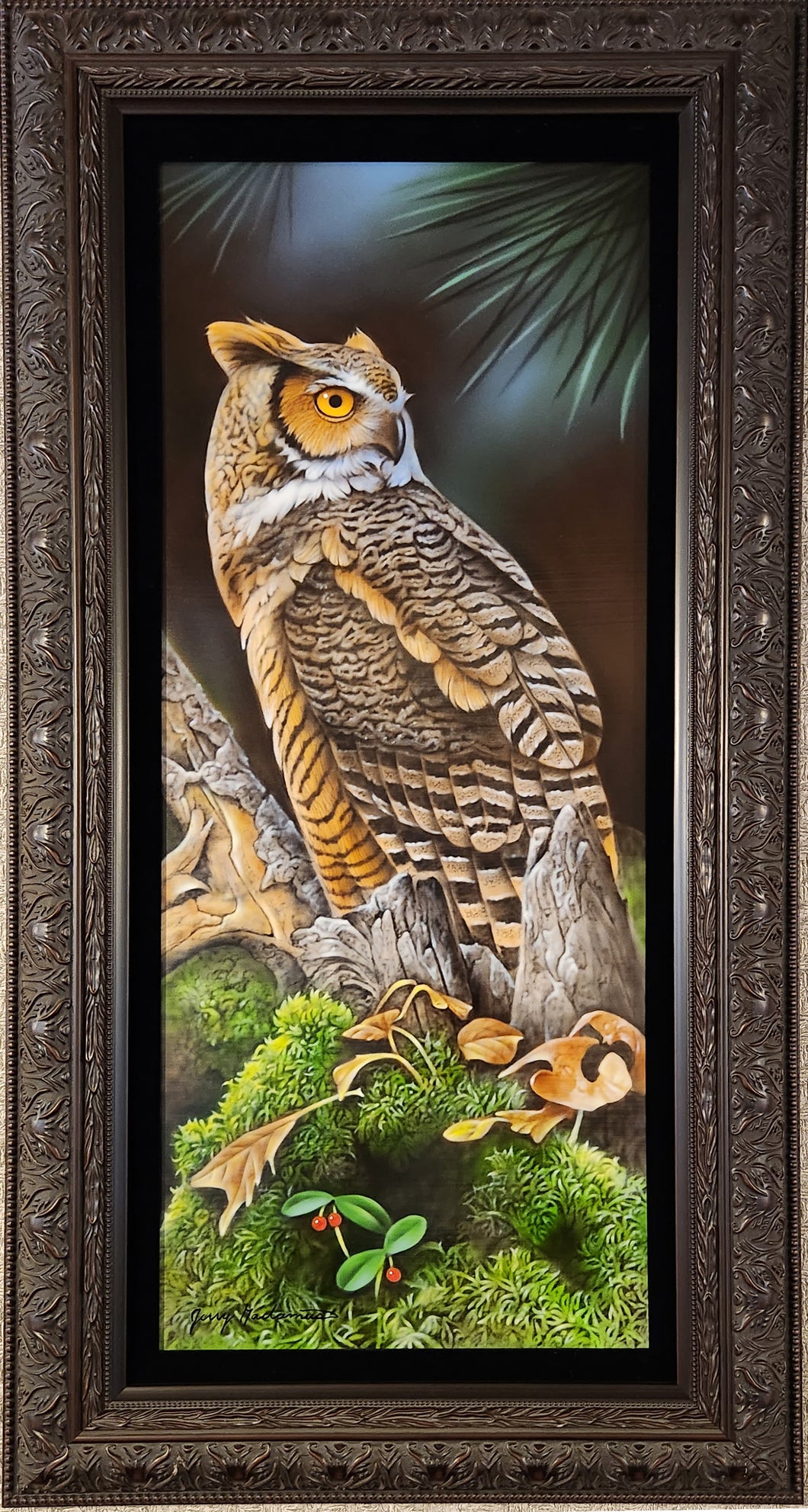 Great Horned Owl on Stump Original by Jerry Gadamus