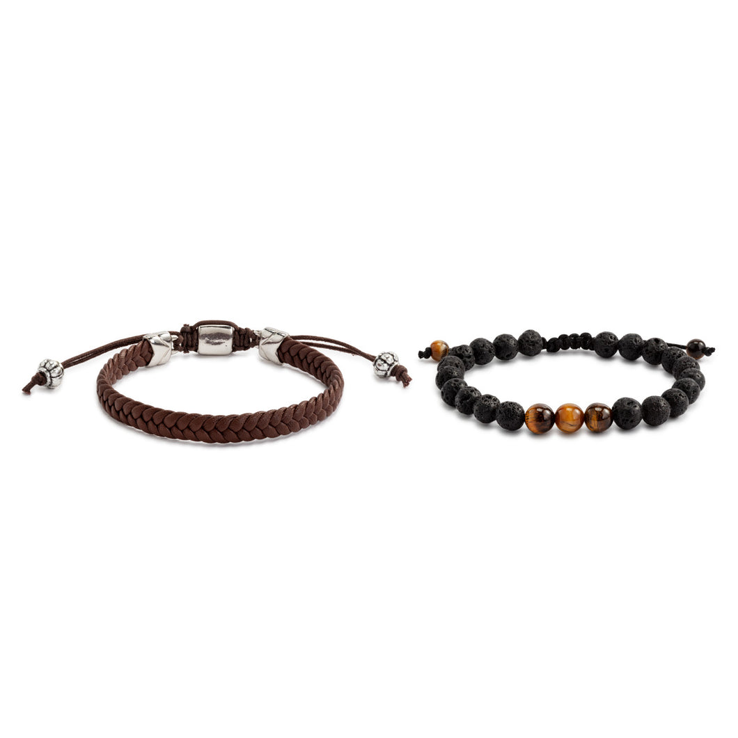 Mens Leather Bracelet Set Brown