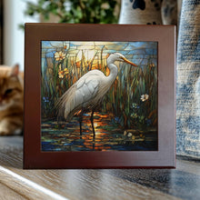 Load image into Gallery viewer, Peeping Tom's Cottage - Great Egret at Sunrise Porcelain Tile – Stained Glass-Style Wetland Art: 6 x 6 inch