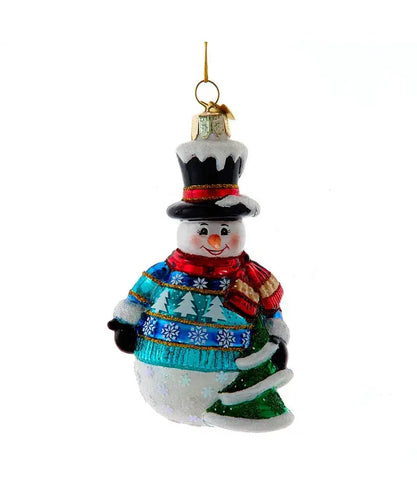 Decorative snowman ornament with a colorful sweater and top hat on a white background
