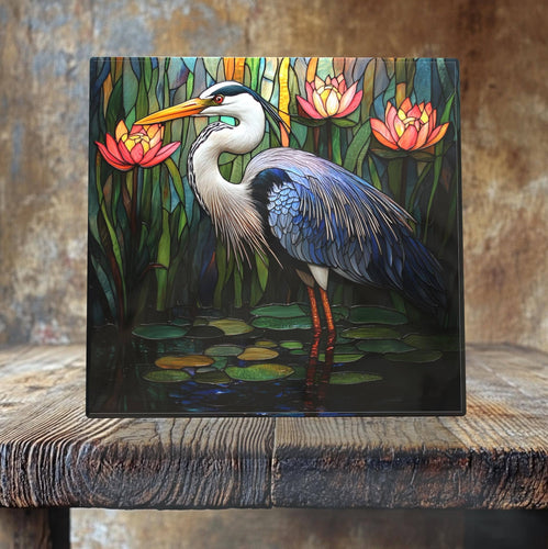 Peeping Tom's Cottage - Great Blue Heron Porcelain Tile – Stained Glass-Style Water Bird Art: 6 x 6 inch