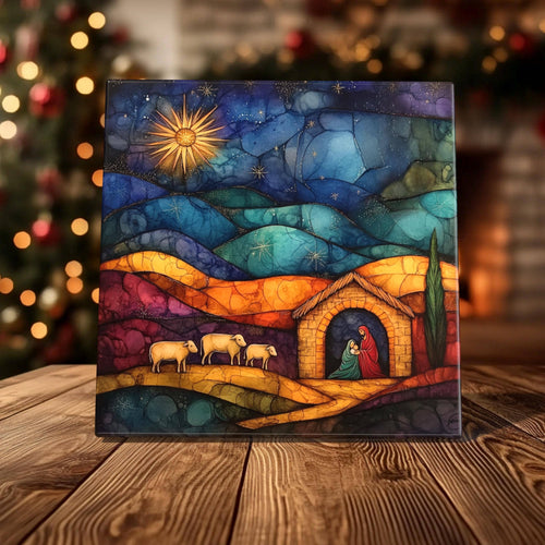 Peeping Tom's Cottage - Starry Night Nativity Porcelain Tile - Inspiring Christmas Scene for Holiday Decor: 6 x 6 inch
