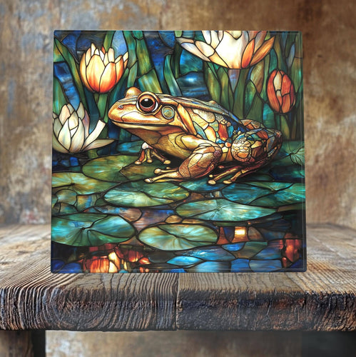 Peeping Tom's Cottage - Colorful Frog on Lily Pads Porcelain Tile – Stained Glass-Style Pond Art: 6 x 6 inch