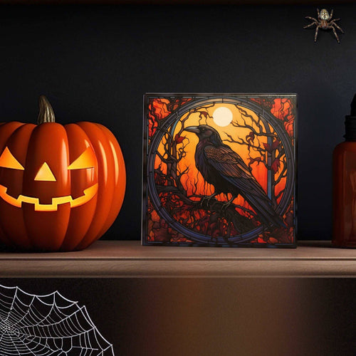 Peeping Tom's Cottage - Mystic Twilight - Raven Stained Glass Art Tile for Enigmatic and Bold Home Decor: 6 x 6 inch