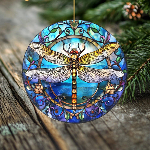 Peeping Tom's Cottage - Royal Bloom Dragonfly Ornament – Double Sided Porcelain Keepsake – Stained Glass Look Holiday or Memorial Gift