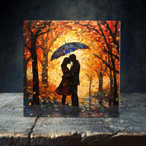 Peeping Tom's Cottage - Romantic Stained Glass Porcelain Tile - Lovers in Autumn Art Decor: 6 x 6 inch